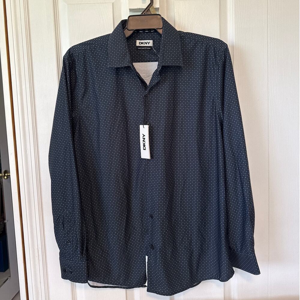 DKNY NWT Slim Fit 8 Way Stretch Lg Sleeve Button Up Dress Shirt XL Black & Gray